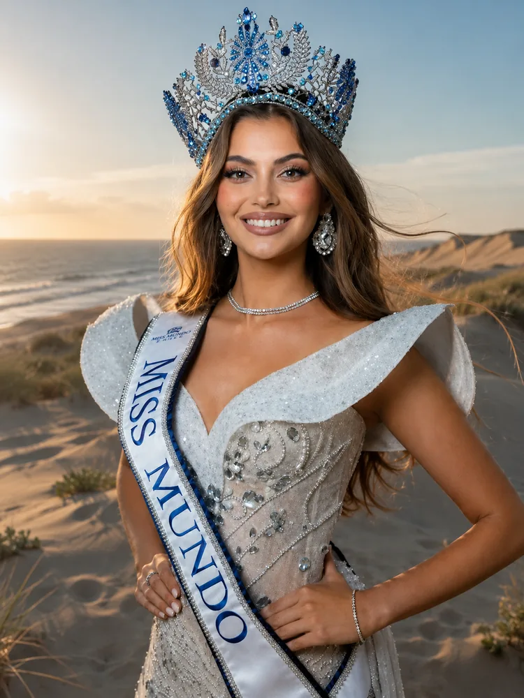 Representante con corona y banda de Miss Mundo frente a las dunas y el mar