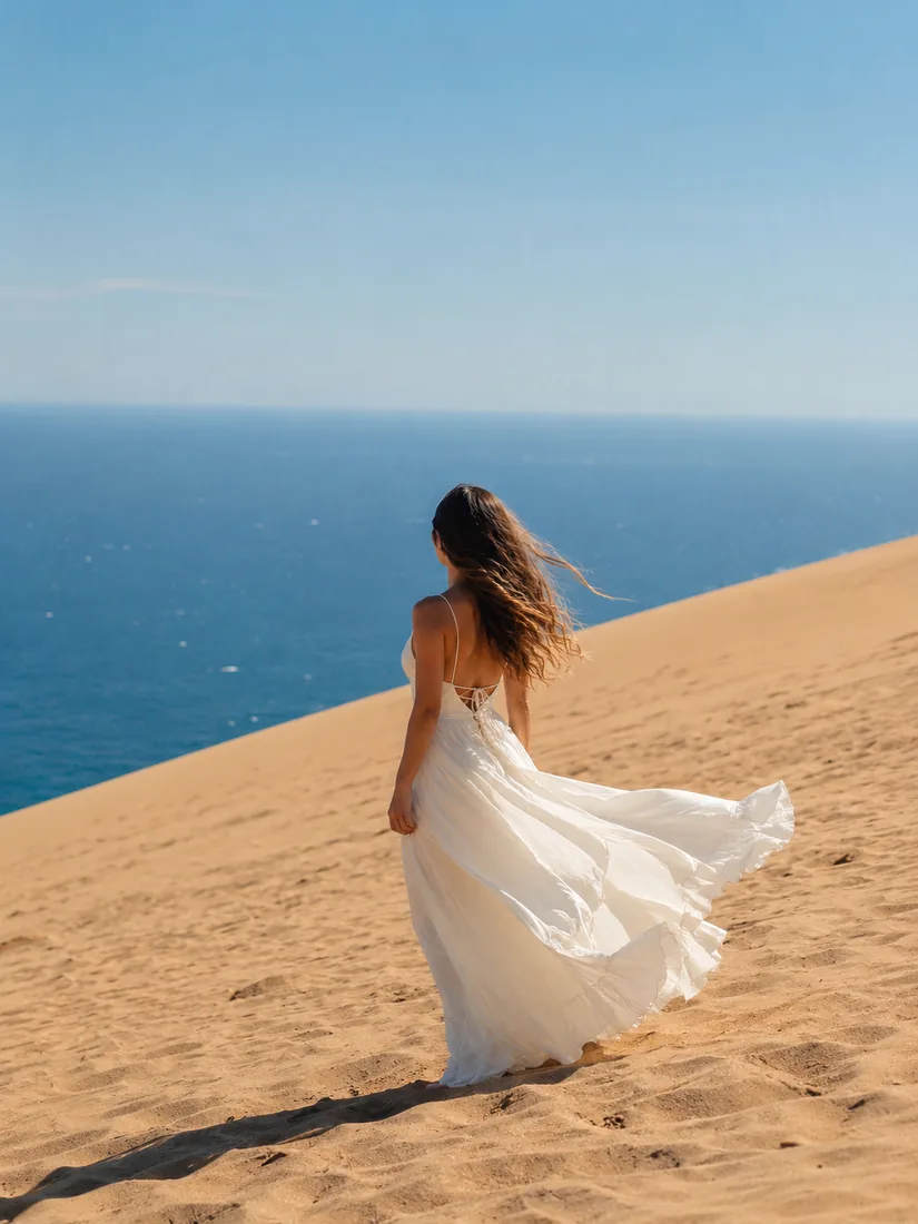 Mujer caminando sobre dunas frente al mar